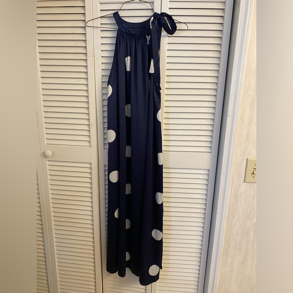 Mud pie navy and white polka dotted tie on one shoulder dress